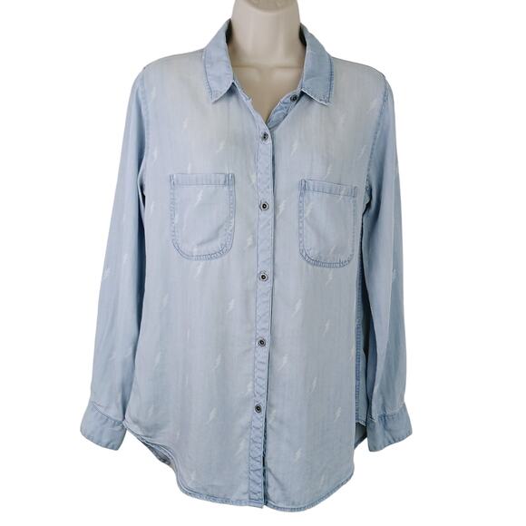 Rails SZ S Carter Chambray Denim Button Down White Lightening Bolts Lyocell - Picture 2 of 5